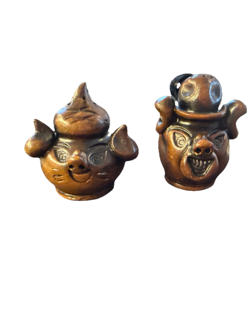 Ceramic Folk Art Dark Brown Salt & Pepper shakers Pig 3" stoppers